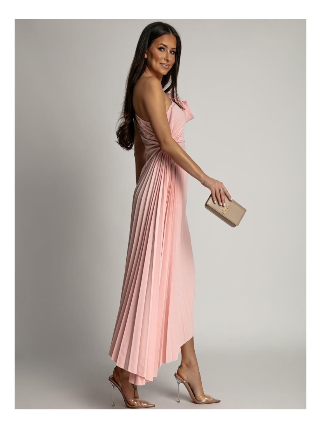 Elegant pleated dress with a flower, powder pink AZRHP6987